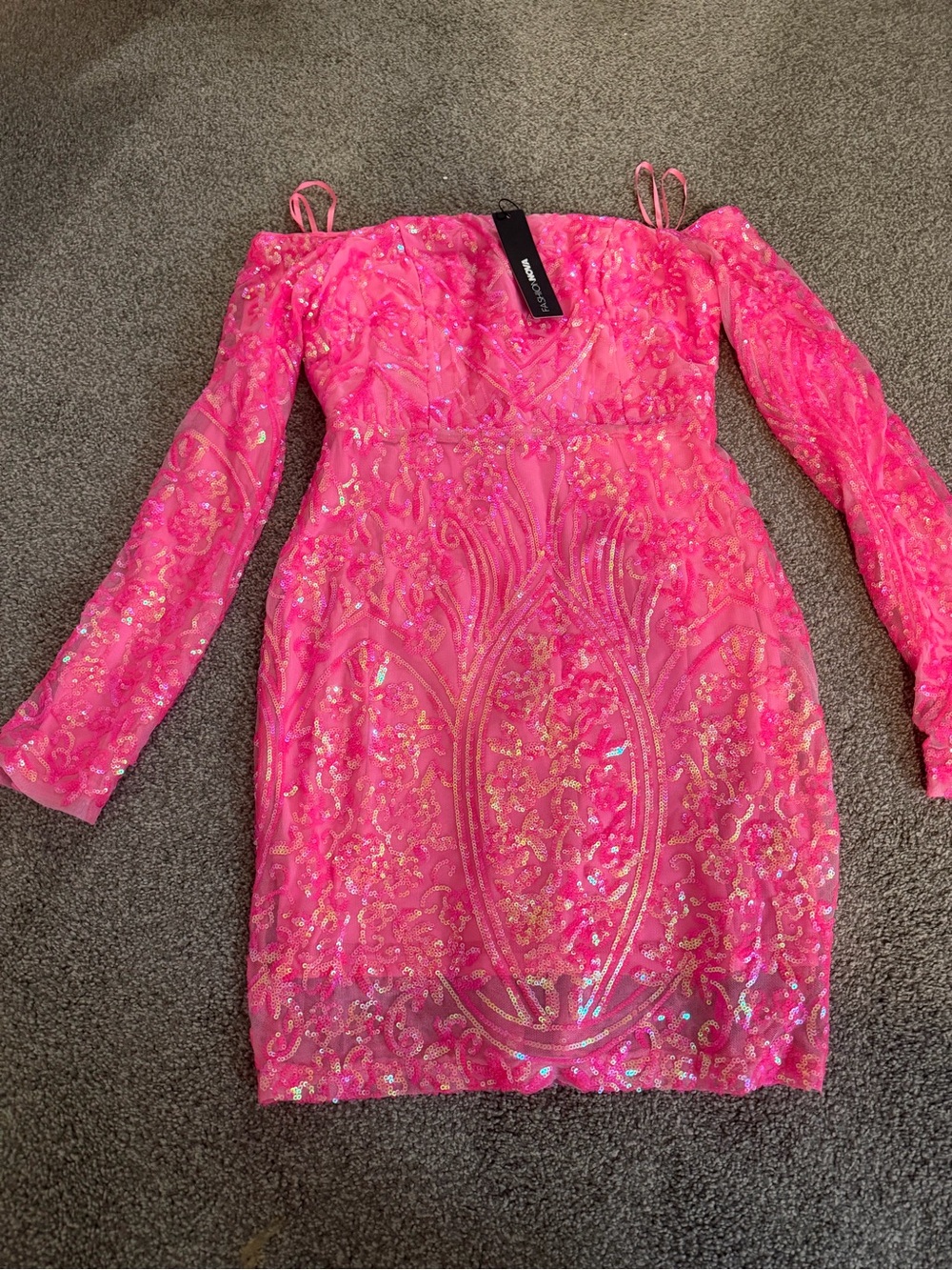 Fashion Nova Hot Pink Sequin Off-Shoulder Long Sleeve Dress